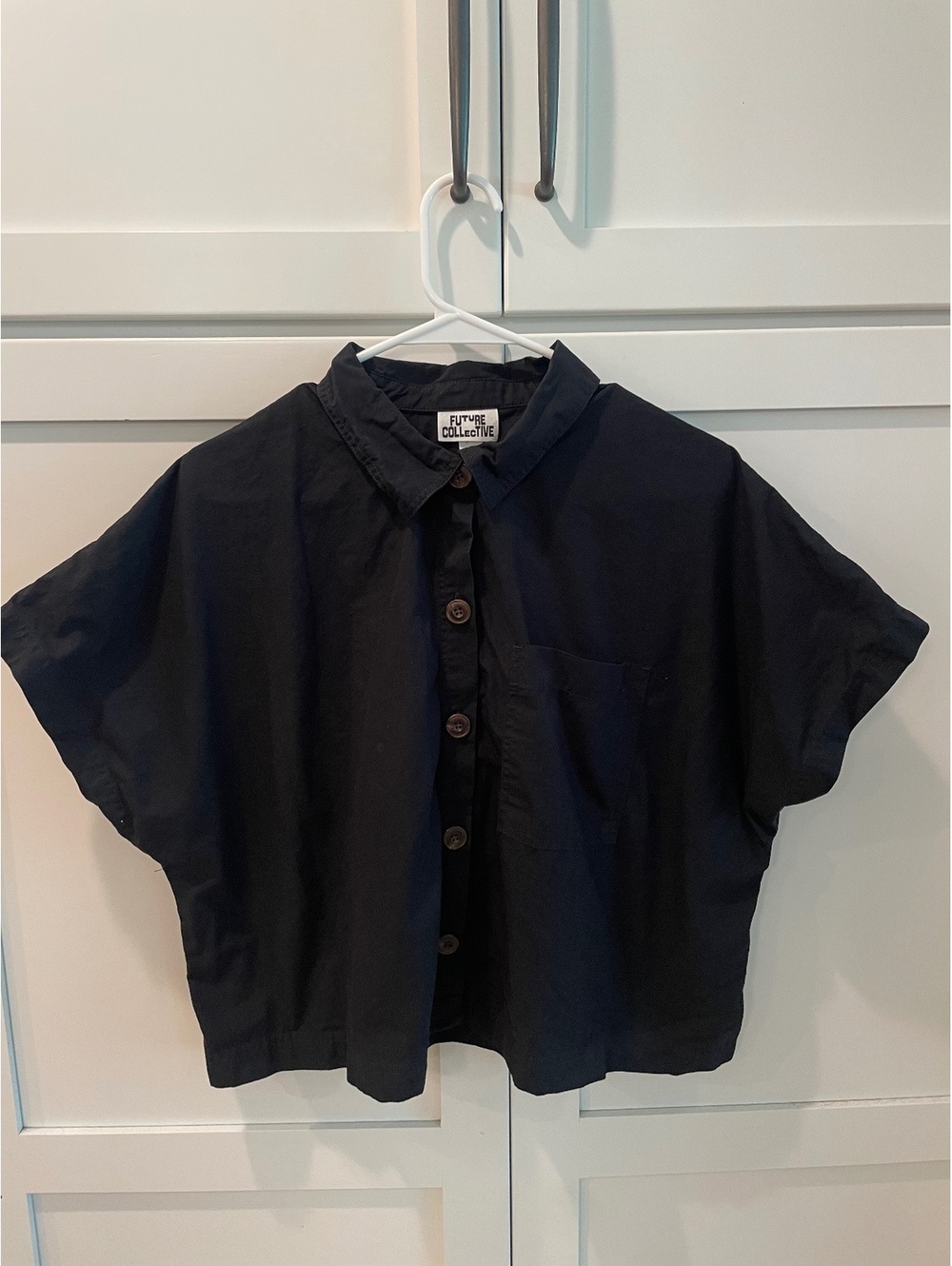 Future Collective Black Cotton Button-Up Short Sleeve Shirt, Size Large